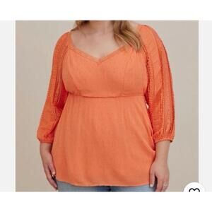 Torrid Orange Swiss Dot Lace Detail 3/4 Sleeve Tunic Blouse Size 1